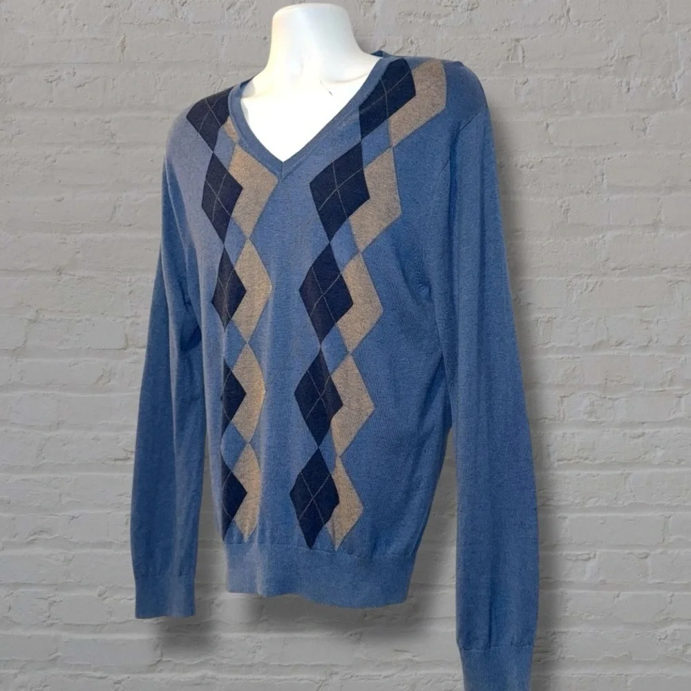 Banana Republic Men’s Silk Cashmere Blend Argyle V-Neck Sweater Blue Size L